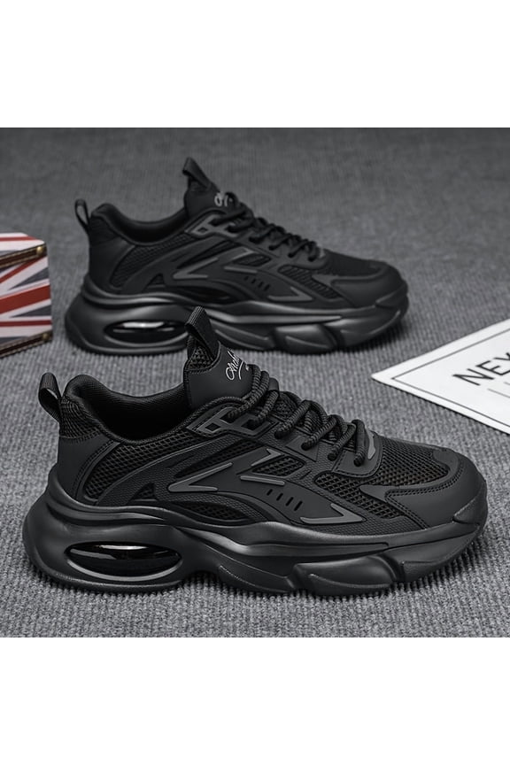 Men's All Black Air Cushion Chunky Platform Dad Sneakers, Breathable Mesh Athletic Shoes, Non-Slip Shock Absorption Walking Shoes for Daily Wear