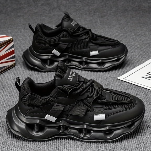 Men's All Black Chunky Platform Dad Sneakers, Breathable Mesh Tech Athletic Shoes, Non-Slip Hollow Out Sole Running Shoes for Daily Wear