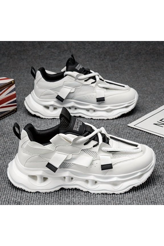 Men's All Black Chunky Platform Dad Sneakers, Breathable Mesh Tech Athletic Shoes, Non-Slip Hollow Out Sole Running Shoes for Daily Wear