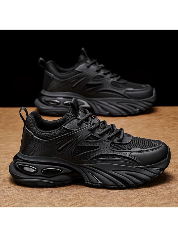 Men's All Black Chunky Platform Dad Sneakers, Breathable Mesh Tech Athletic Shoes, Non-Slip Shock Absorption Shoes