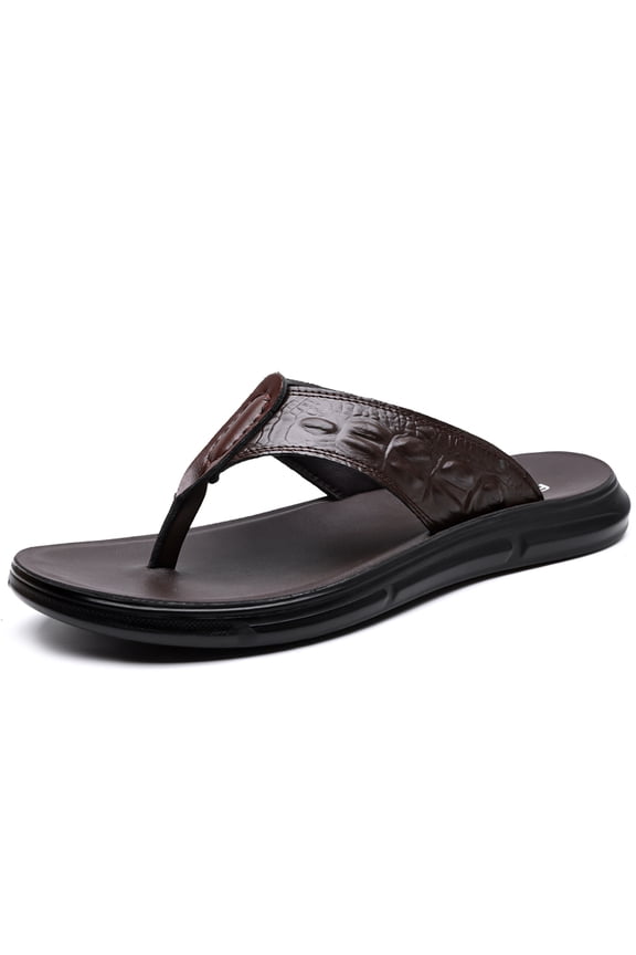 Men's All-Black Croc-Embossed Leather Flip-Flop Sandals, Casual Summer Slides