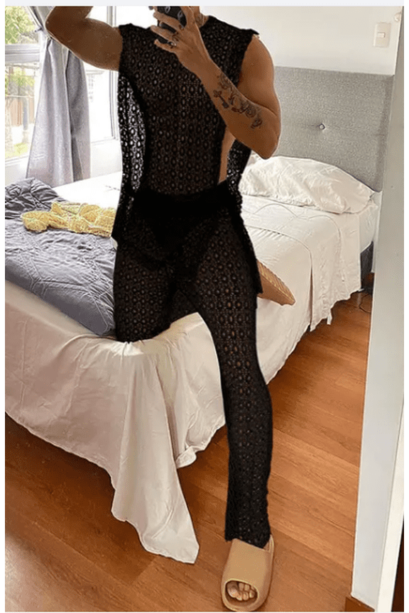 Men's All-Black Hollow Crochet Mesh Two-Piece Outfit Sleeveless Side Slit Sheer Tank Top & High Waist Cropped Flare Pants