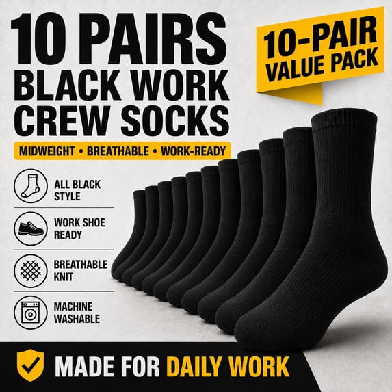 Men’s All Black Work Crew Socks, Midweight Breathable Socks for Work Shoes, 10 Pairs