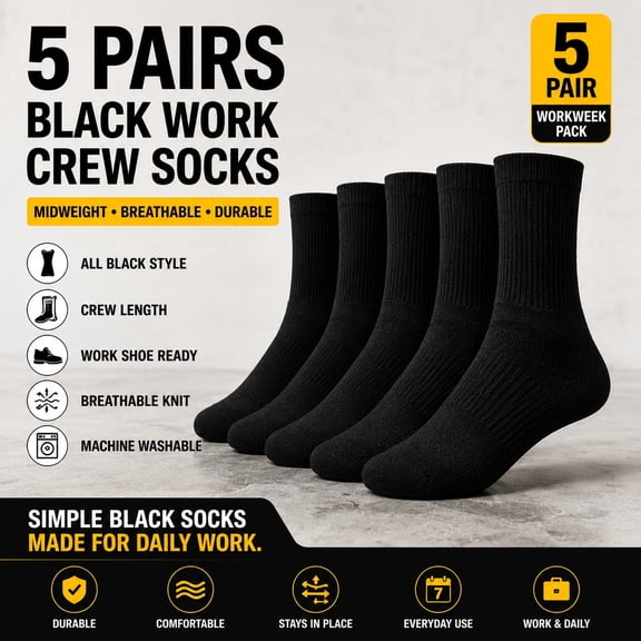 Men’s All Black Work Crew Socks, Midweight Breathable Socks for Work Shoes, 5 Pairs