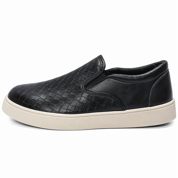 Men's All-Black Woven Checkerboard Slip-On Leather Loafers