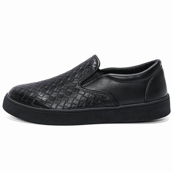 Men's All-Black Woven Checkerboard Slip-On Leather Loafers