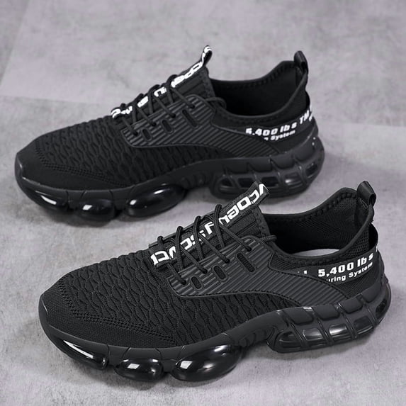 Men's All Black Woven Knit Lace Up Running Sneakers, Air Cushion Shock Absorbing Breathable Athletic Walking Shoes