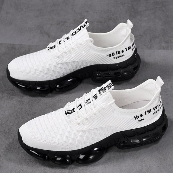 Men's All Black Woven Knit Lace Up Running Sneakers, Air Cushion Shock Absorbing Breathable Athletic Walking Shoes