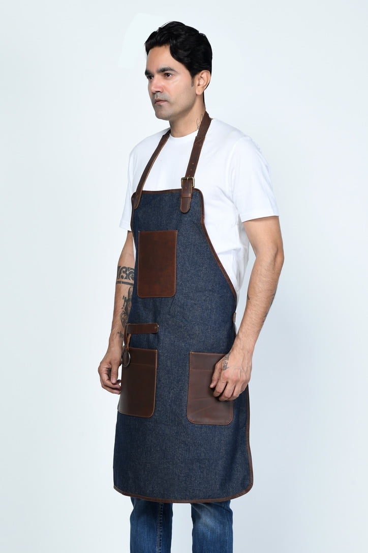 Men's All Purpose Apron in Natural Leather and Denim