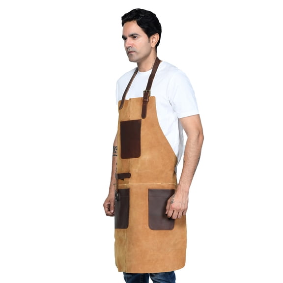 SHARO Natural Leather 2-Pocket M Brown Adjustable Neck Strap Cooking Apron