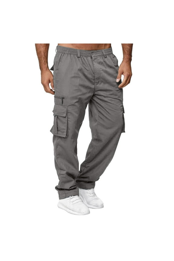 Men's All Season Cargo Pants - Solid Color, Multi-Pocket, Straight Leg, Polyester, Fit for Beach/Sport, Hang Dry
