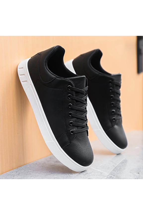 Men's All-Season Low-Top Skate Sneakers -Up Shoes for Skateboarding,, Walking - PU Upper & PVC Sole, Non-Slip Traction, Breathable Lace- Lightweight Streetwear Shoes in Black/White