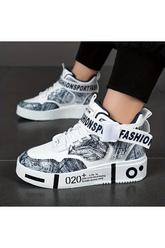 Men's All-Season White/Black/Gray/Blue PU Sneakers - Low-Top to Mid-Top Convertible Laceless/-like Shoes with Rubber Sole, Breathable Casual & Sneakers for Daily Wear, Office - Versatile Roun