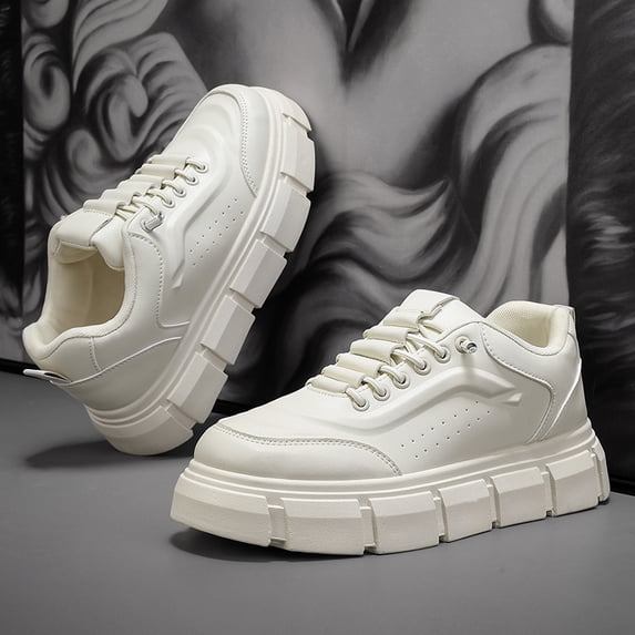 Men's All-White Chunky Tread Platform Sneakers, Minimalist Slip-On Casual Shoes