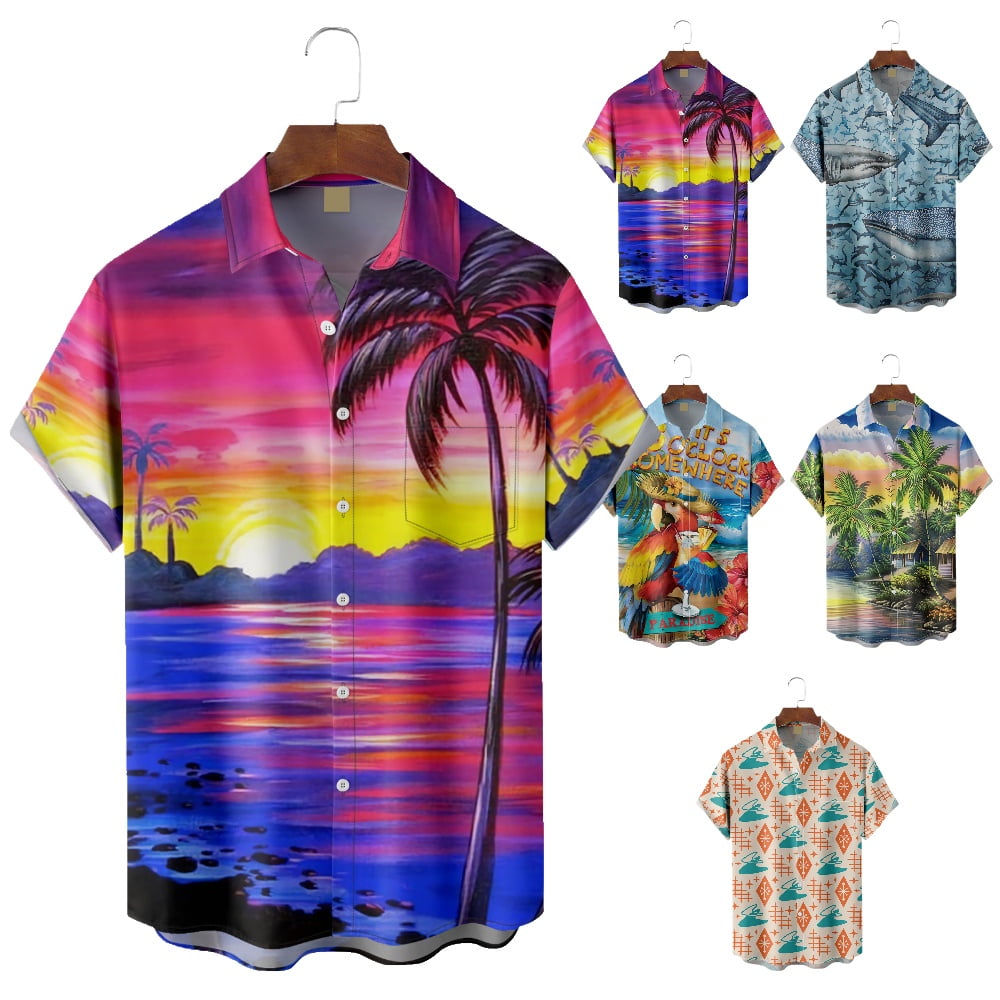 Men's Aloha Button Down T-Shirts with Chest Pocket, Funky Tops Plus Size  Men 