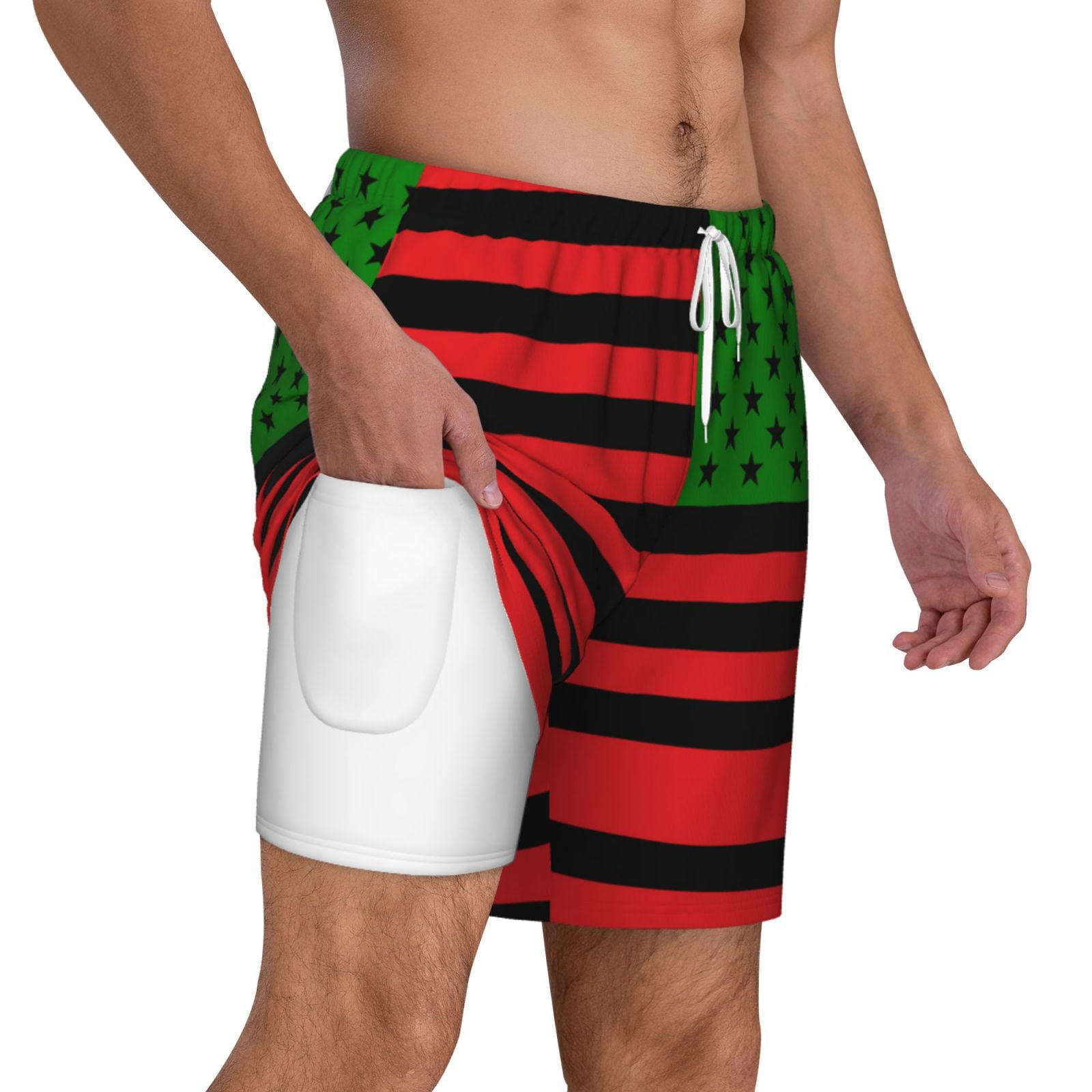 Men's America Flag - Red Black And Green Swim Trunks with Compression Liner Bathing Suit Swimwear