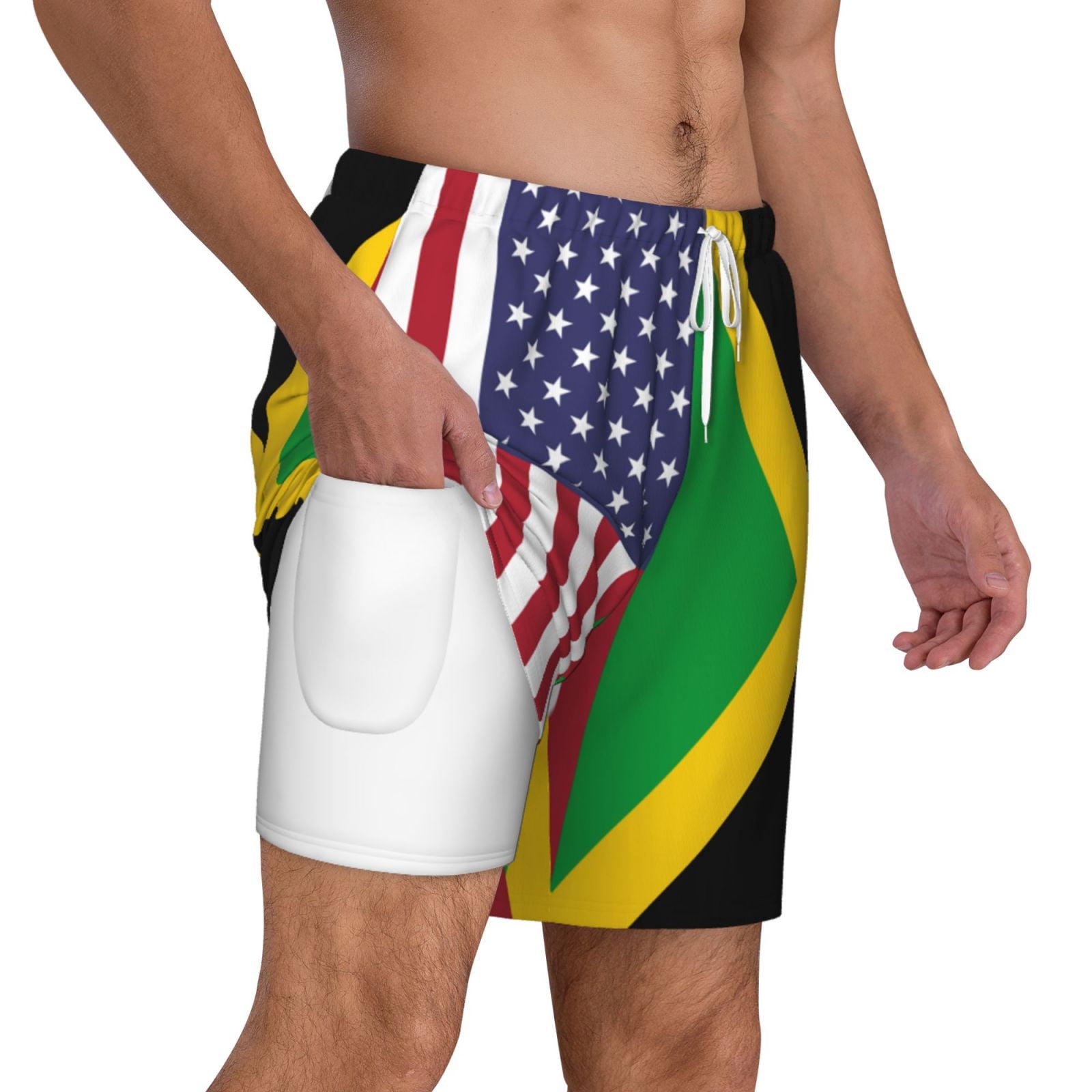 Men's America Jamaica Flag Swim Trunks with Compression Liner Bathing Suit Swimwear