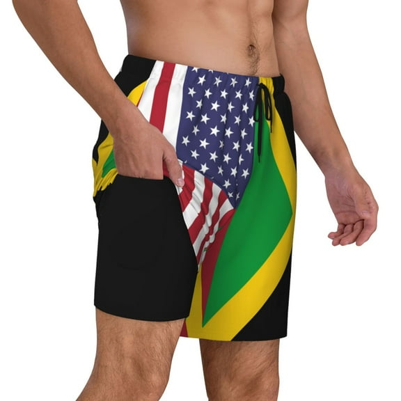 Men's America Jamaica Flag Swim Trunks with Compression Liner Bathing Suit Swimwear