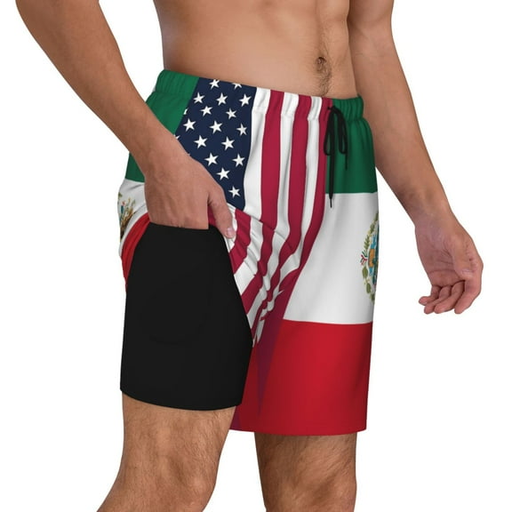 Men's America Mexico Flag Swim Trunks with Compression Liner Bathing Suit Swimwear