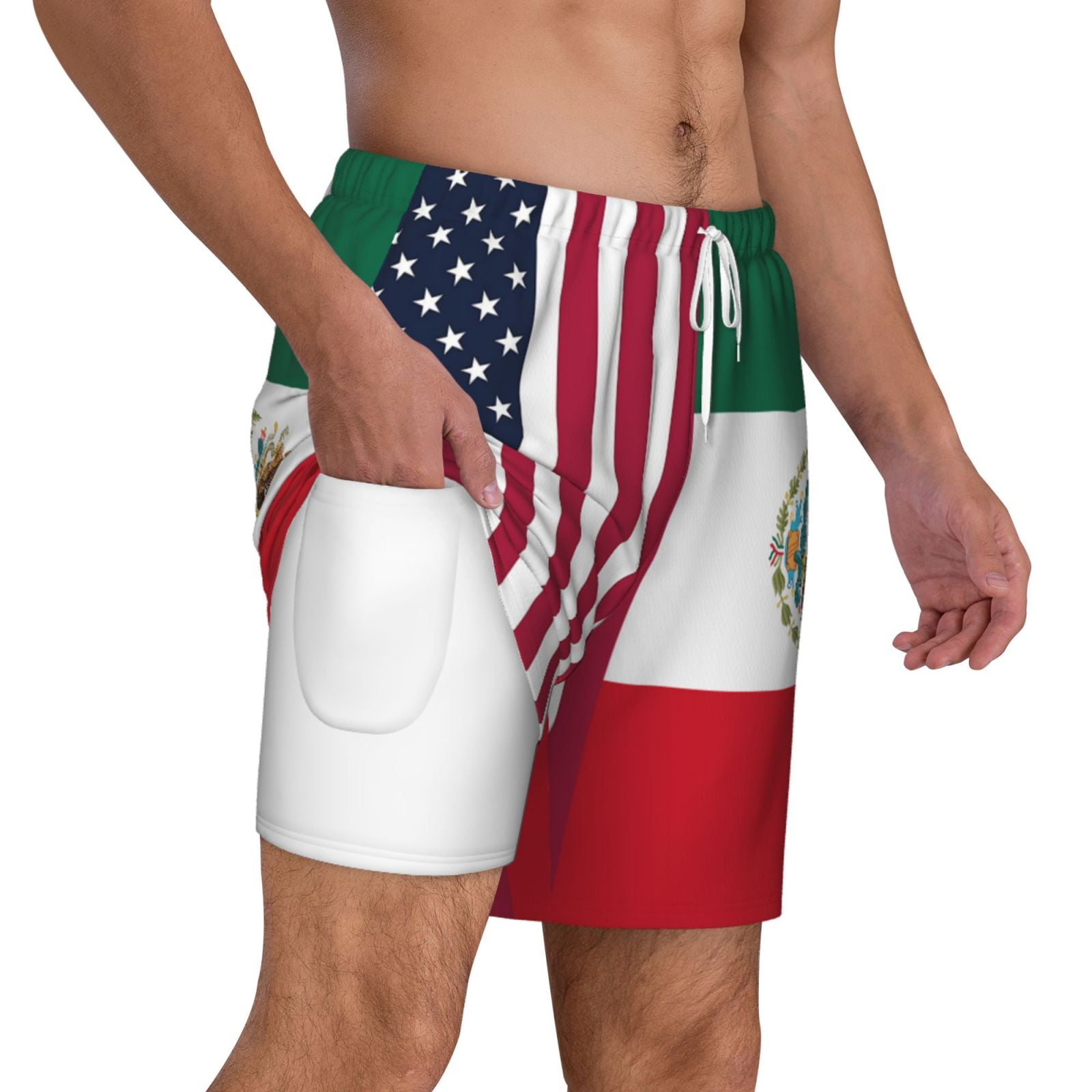Men's America Mexico Flag Swim Trunks with Compression Liner Bathing Suit Swimwear