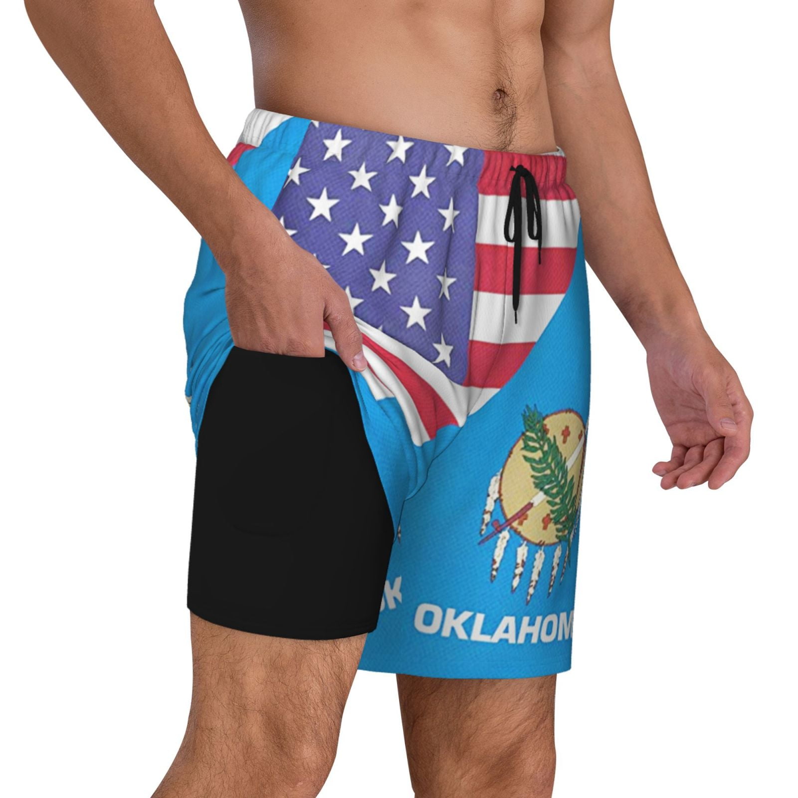 Men's America Oklahoma Flag Swim Trunks with Compression Liner Bathing Suit Swimwear
