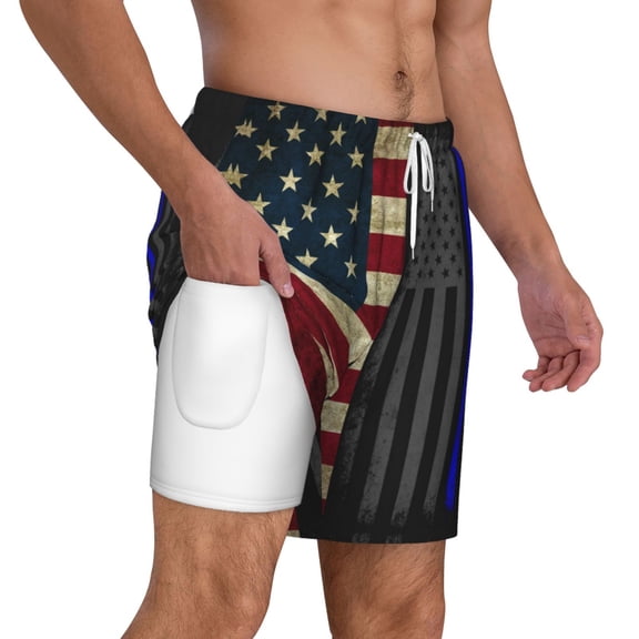 Men's America Thin Blue Line Flag Swim Trunks with Compression Liner Bathing Suit Swimwear