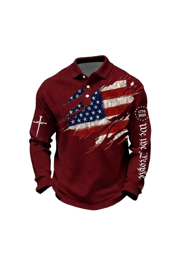 Men's American 250th Anniversary Print Waffle T-Shirt United States of America Long Sleeve Polo Shirts