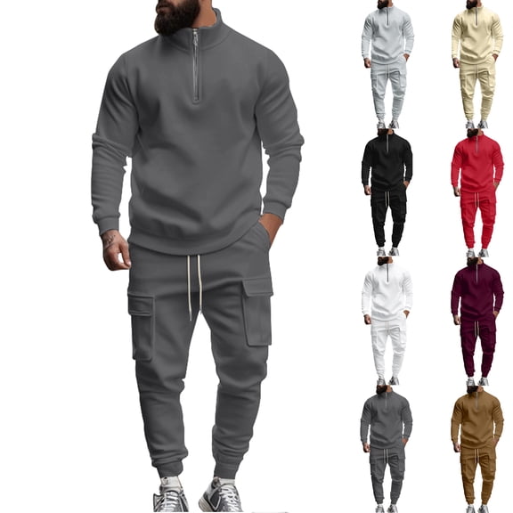 Men's American Casual Fleece Warm Zipper Sports Pants Set, for Winter Outdoor Activities and Comfortable Wear,Black,L