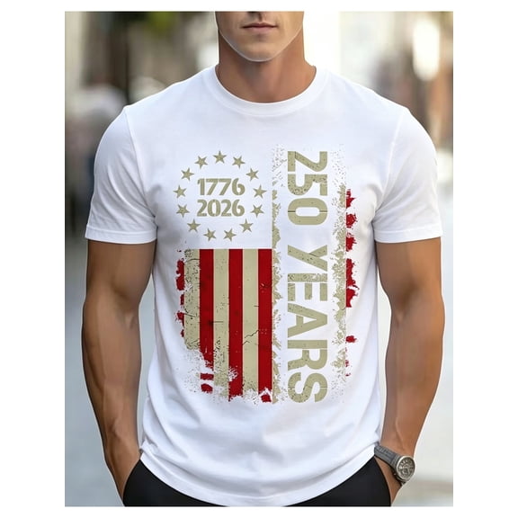 Men's American Flag 1776 Pattern Short Sleeve T-Shirt, Commemorating 250Th Anniversary of US Founding, Print Fashion Round Neck Short Sleeve