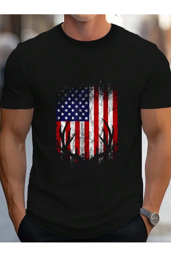 Men's American Flag Deer Antler Graphic T-Shirt Patriotic Hunting Distressed Short Sleeve Tee