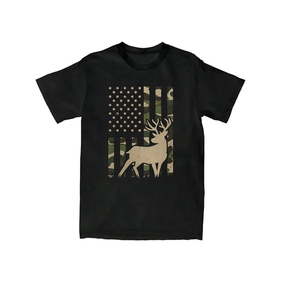 Men's American Flag Deer Hunting Camo Graphic T-Shirt Patriotic Short Sleeve Tee