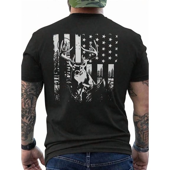 Men's American Flag Deer Hunting Graphic T-Shirt Patriotic Buck Short Sleeve Tee