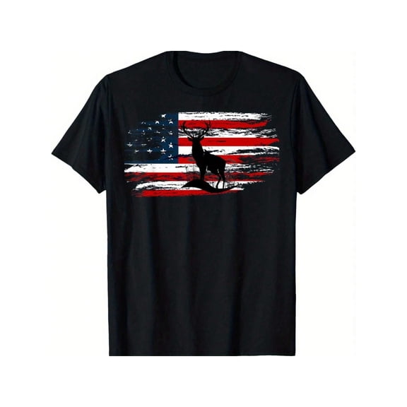 Men's American Flag Deer Silhouette Graphic T-Shirt Patriotic Hunting Buck Tee