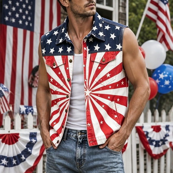 Men's American Flag Denim Vest, Patriotic Button Up 4th of July Vest for Men Summer Sleeveless Jean Jacket Breathable Outerwear with Multiple Pockets(Red14,XXXXL)