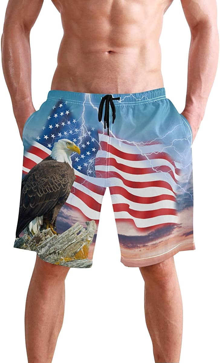 Men's American Flag-Eagle Swim Trunks Beach Board Shorts Mesh