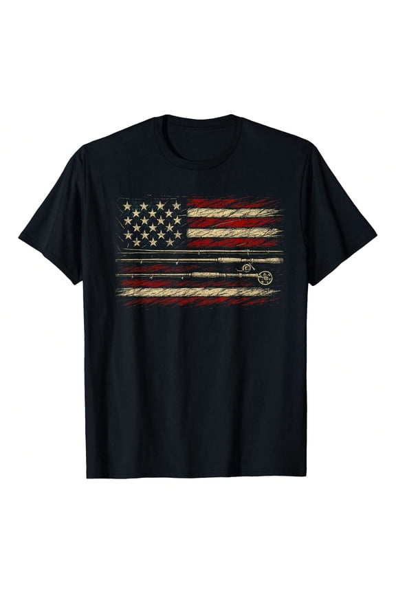 Men's American Flag Fishing T-Shirt Vintage Patriotic Fisherman Graphic Tee