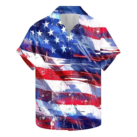 Men's American Flag Hawaiian Shirt Trendy Independence Day Patriotic Tees Loose Casual Short Sleeved Collar Button Top Multicolor L