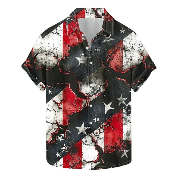Men's American Flag Hawaiian Shirt Trendy Independence Day Patriotic Tees Loose Casual Short Sleeved Collar Button Top Multicolor L