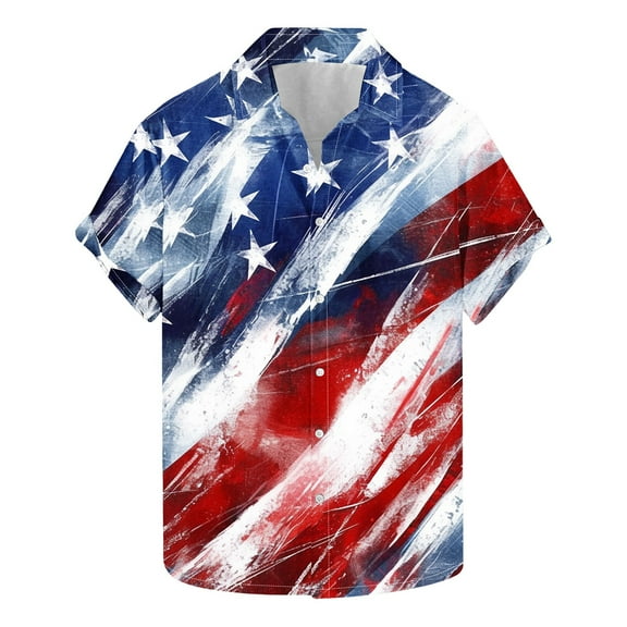 Men's American Flag Hawaiian Shirt Trendy Independence Day Patriotic Tees Loose Casual Short Sleeved Collar Button Top Multicolor XXXXL