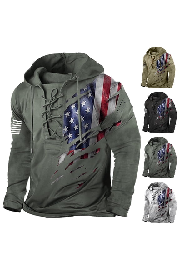 Men's American Flag Hoodie Outdoor Military Tactical Hooded Sweatshirt Graphic Laceup Pullover Gray 2XL