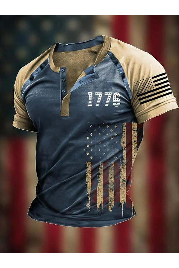 Men's American Flag Patriotic 1776 Shirt Vintage American 4th of July Short Sleeve Independence Day T-Shirt Blue L