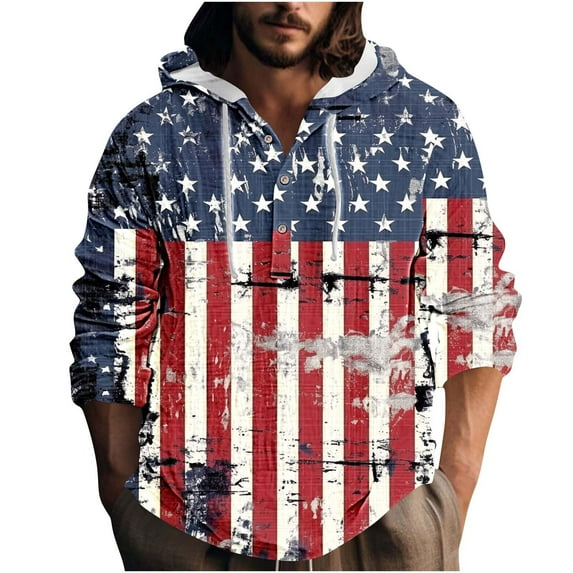 Men's American Flag Print Pullover 4th of July Patriotic Long Sleeve Hoodie Sweatshirt Cool Designs Blouse