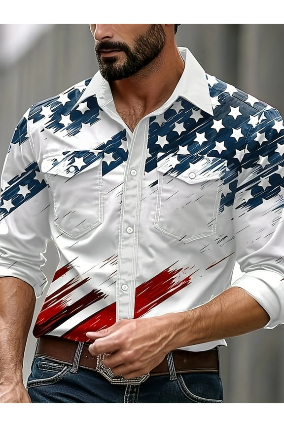 Men's American Flag Shirts Sport Western Two Pocket Long Sleeve Snap Button Down Shirts Cowboy Shirt White 3XL