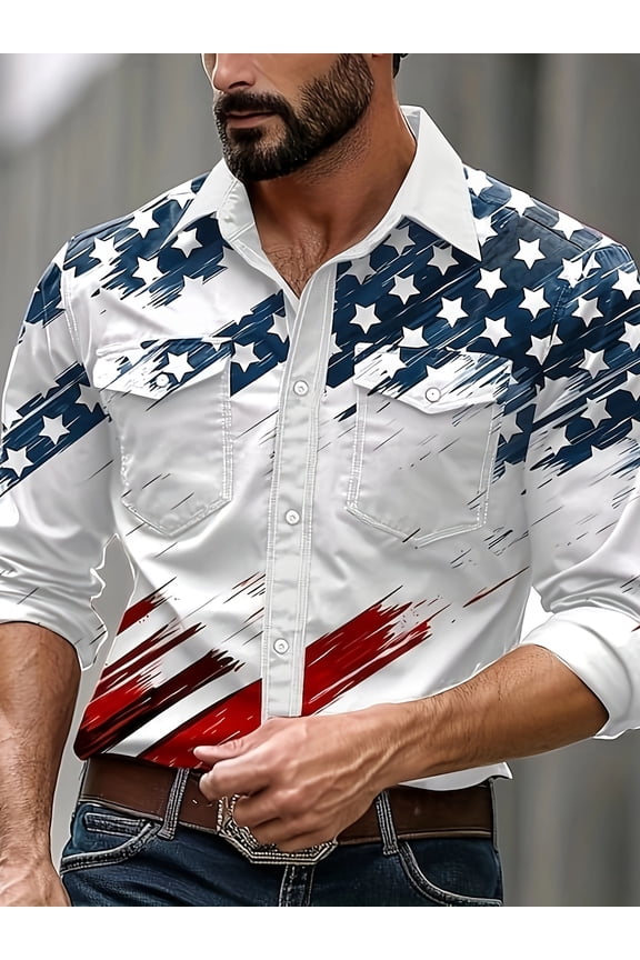 Men's American Flag Shirts Sport Western Two Pocket Long Sleeve Snap Button Down Shirts Cowboy Shirt White L