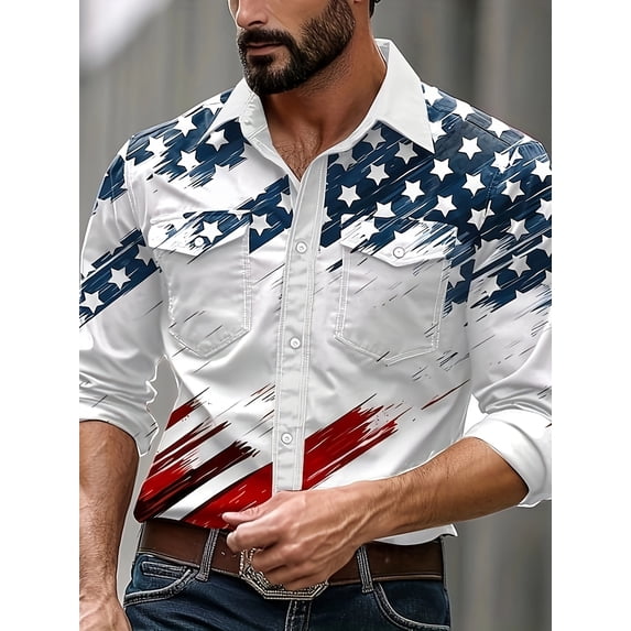 Men's American Flag Shirts Sport Western Two Pocket Long Sleeve Snap Button Down Shirts Cowboy Shirt White XXL