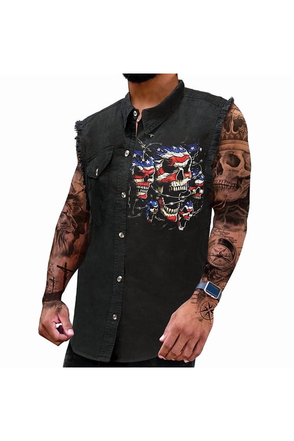 Men's American Flag Skull Print Fringed Sleeveless Vest, Biker Style Button Down Denim Tank Top with Chest Pocket