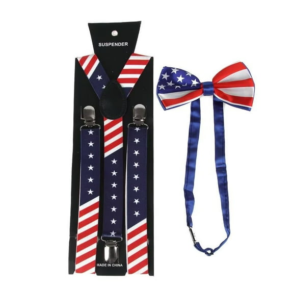 Men's American Flag Suspenders and Bow Tie Set Patriotic Adjustable Y-Back Braces with Clips, Stars and Stripes Design, Independence Day 4th of July Outfit Accessory