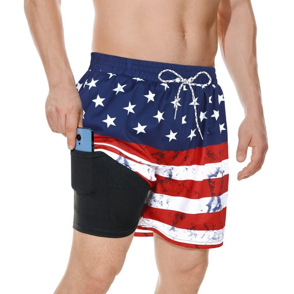 Men's American Flag Swim Trunks 4th of July Patriotic Bathing Suits with Liner Quick Dry Board Shorts