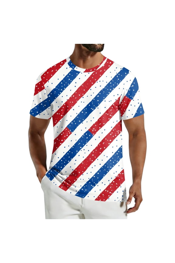 Men's American Flag T-Shirt Cotton-Like Stretch Jersey Patriotic Short Sleeve Crew Neck Tee Wave Art Blue 3XL