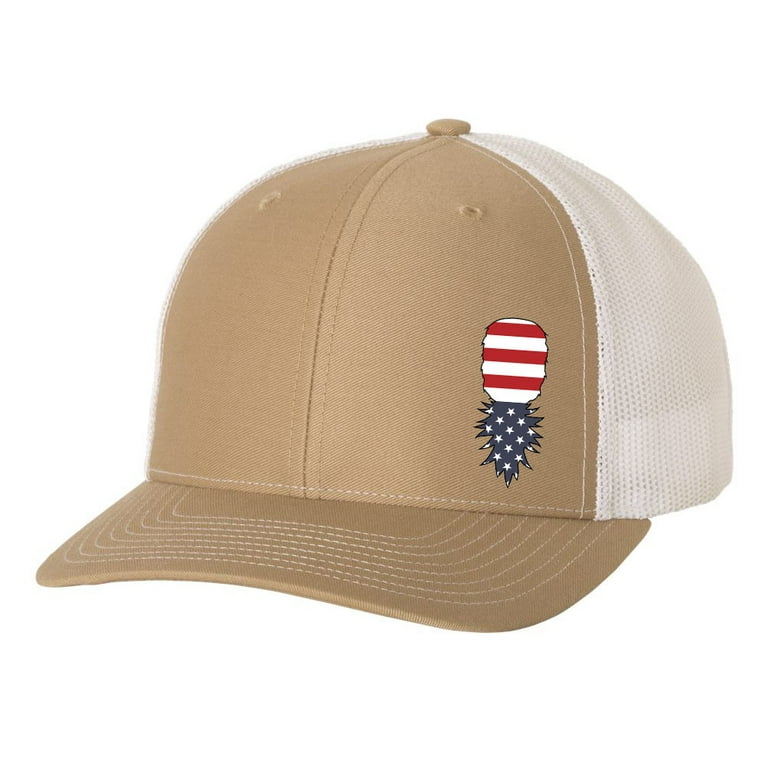 Men s American Flag Upside Down Pineapple Embroidered Mesh Back Trucker Hat Baseball Cap Khaki White